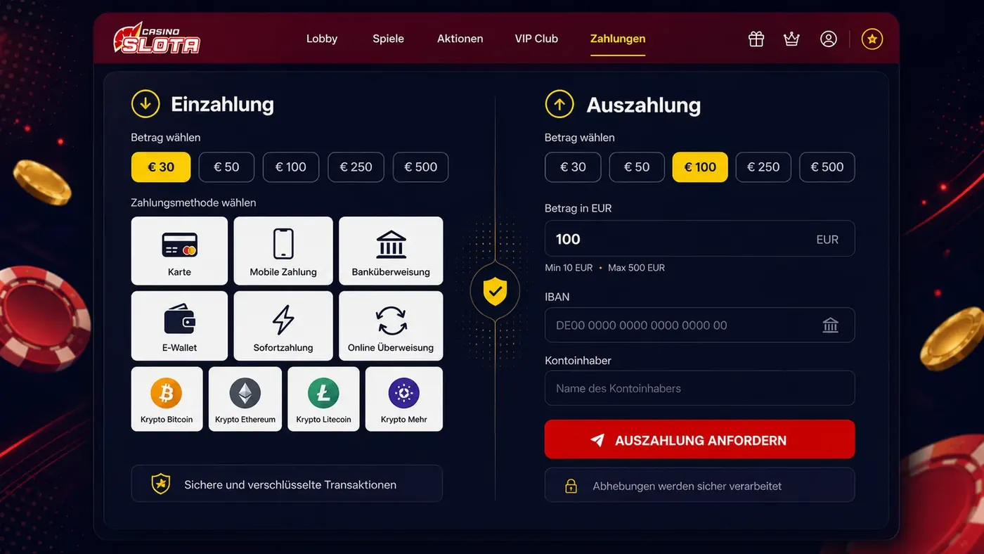Slota Casino Auszahlung: Zahlungsbereich mit Einzahlung, Auszahlung, IBAN und Zahlungsmethoden Slota Casino Auszahlung und Einzahlung: Zahlungsbereich mit Karten, E-Wallet, Banküberweisung, Sofortzahlung und Kryptowährungen