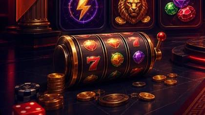 Slota Casino Classic Slots Illustration mit Walzen, Münzen und Casino Würfeln