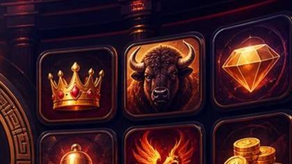 Slota Casino Jackpot Games Illustration mit Symbolkacheln, Krone, Münzen und Casino Icons