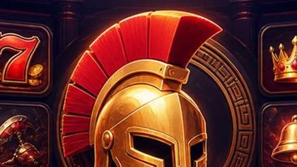 Slota Casino Provider Illustration für Sparta Slots mit goldenem Helm und Slot Symbolen