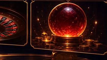 Slota Casino Specialty Games Illustration mit roter Jackpot Kugel, Gold und Casino Studio